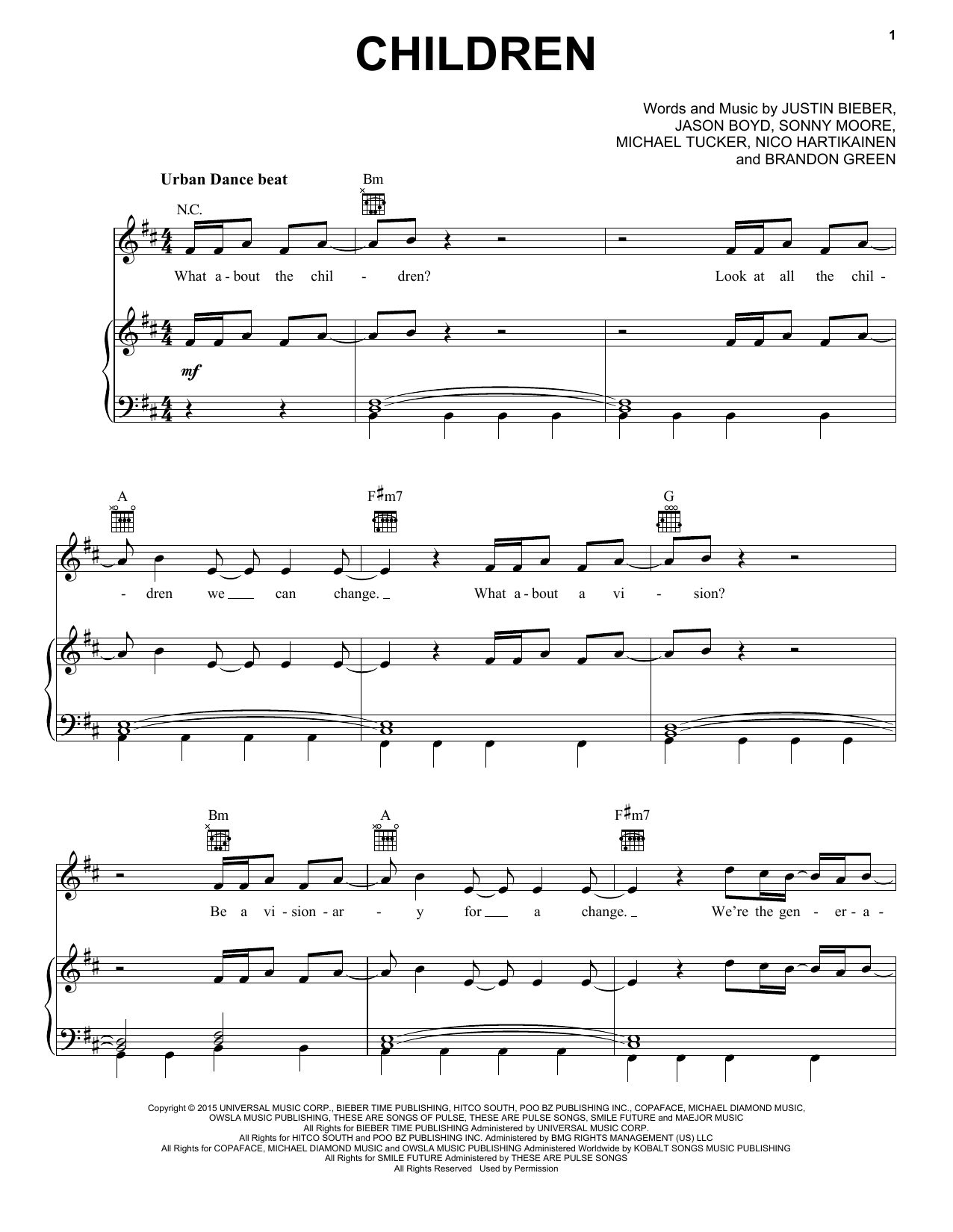 Download Justin Bieber Children Sheet Music and learn how to play Piano, Vocal & Guitar (Right-Hand Melody) PDF digital score in minutes
