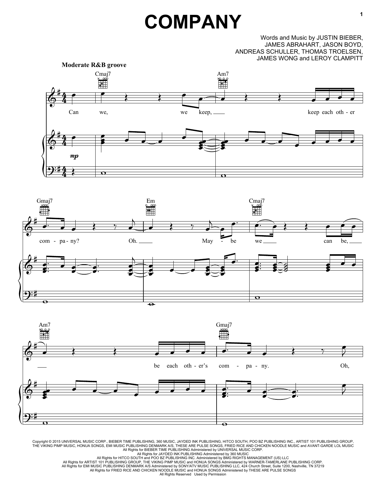Download Justin Bieber Company Sheet Music and learn how to play Piano, Vocal & Guitar (Right-Hand Melody) PDF digital score in minutes