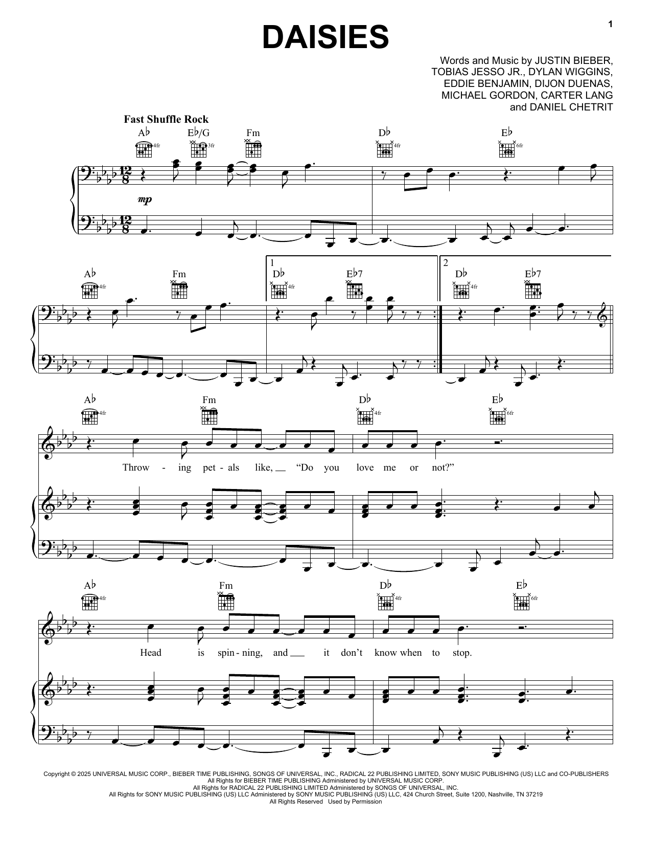 Download Justin Bieber Daisies Sheet Music and learn how to play Piano, Vocal & Guitar Chords (Right-Hand Melody) PDF digital score in minutes