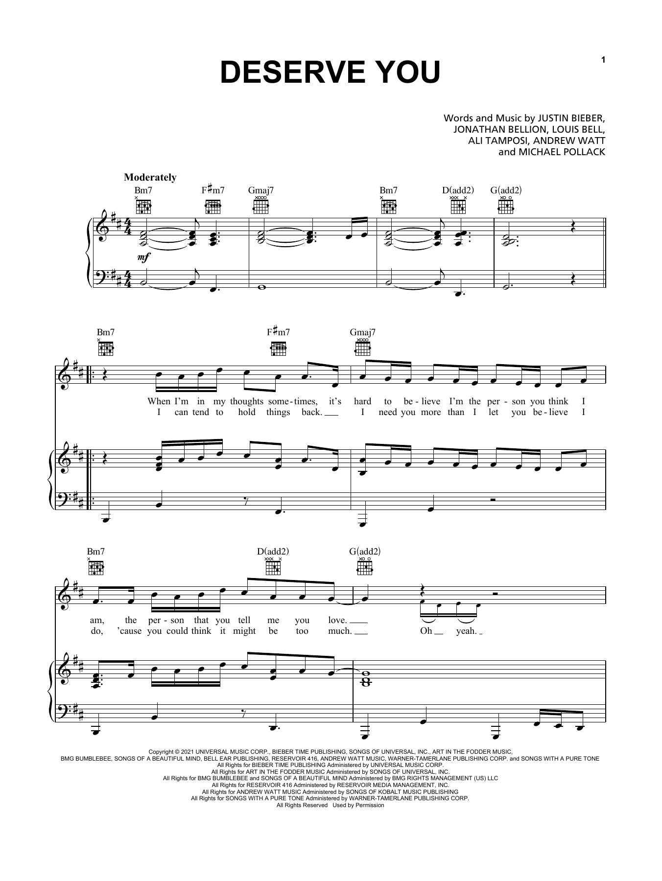 Download Justin Bieber Deserve You Sheet Music and learn how to play Piano, Vocal & Guitar Chords (Right-Hand Melody) PDF digital score in minutes