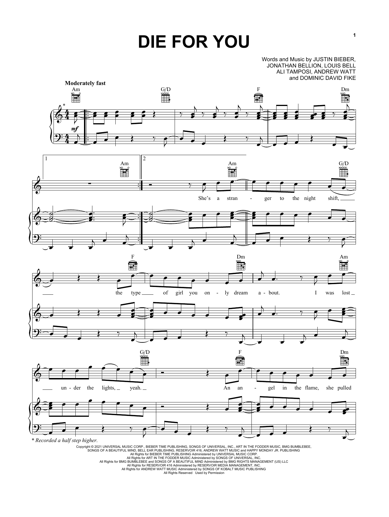 Download Justin Bieber Die For You (feat. Dominic Fike) Sheet Music and learn how to play Piano, Vocal & Guitar Chords (Right-Hand Melody) PDF digital score in minutes