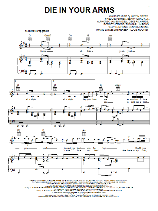 Download Justin Bieber Die In Your Arms Sheet Music and learn how to play Voice PDF digital score in minutes
