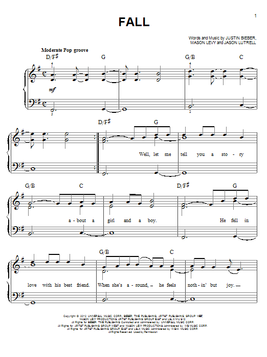 Download Justin Bieber Fall Sheet Music and learn how to play Piano, Vocal & Guitar (Right-Hand Melody) PDF digital score in minutes