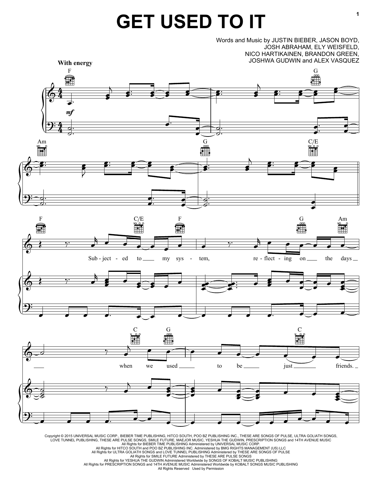 Download Justin Bieber Get Used To It Sheet Music and learn how to play Piano, Vocal & Guitar (Right-Hand Melody) PDF digital score in minutes