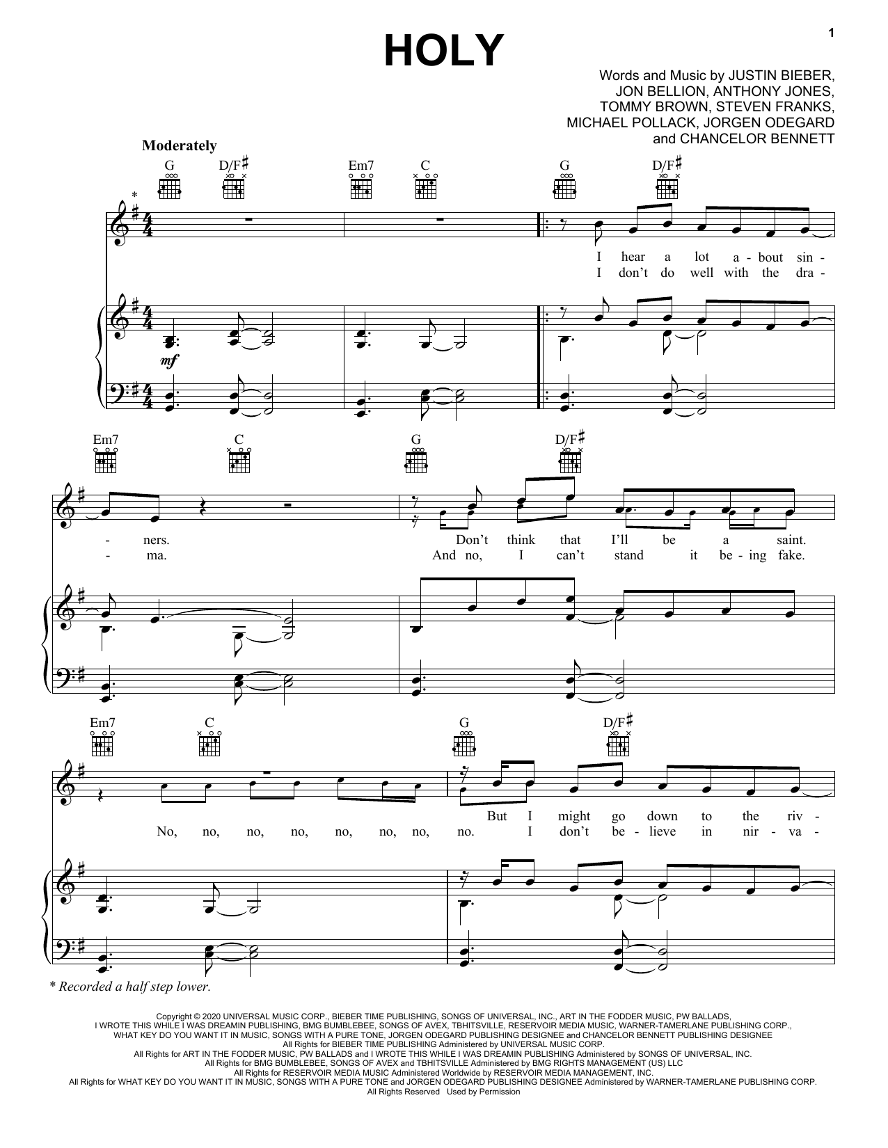 Download Justin Bieber Holy (feat. Chance the Rapper) Sheet Music and learn how to play Very Easy Piano PDF digital score in minutes