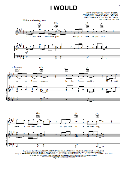 Download Justin Bieber I Would Sheet Music and learn how to play Piano, Vocal & Guitar (Right-Hand Melody) PDF digital score in minutes