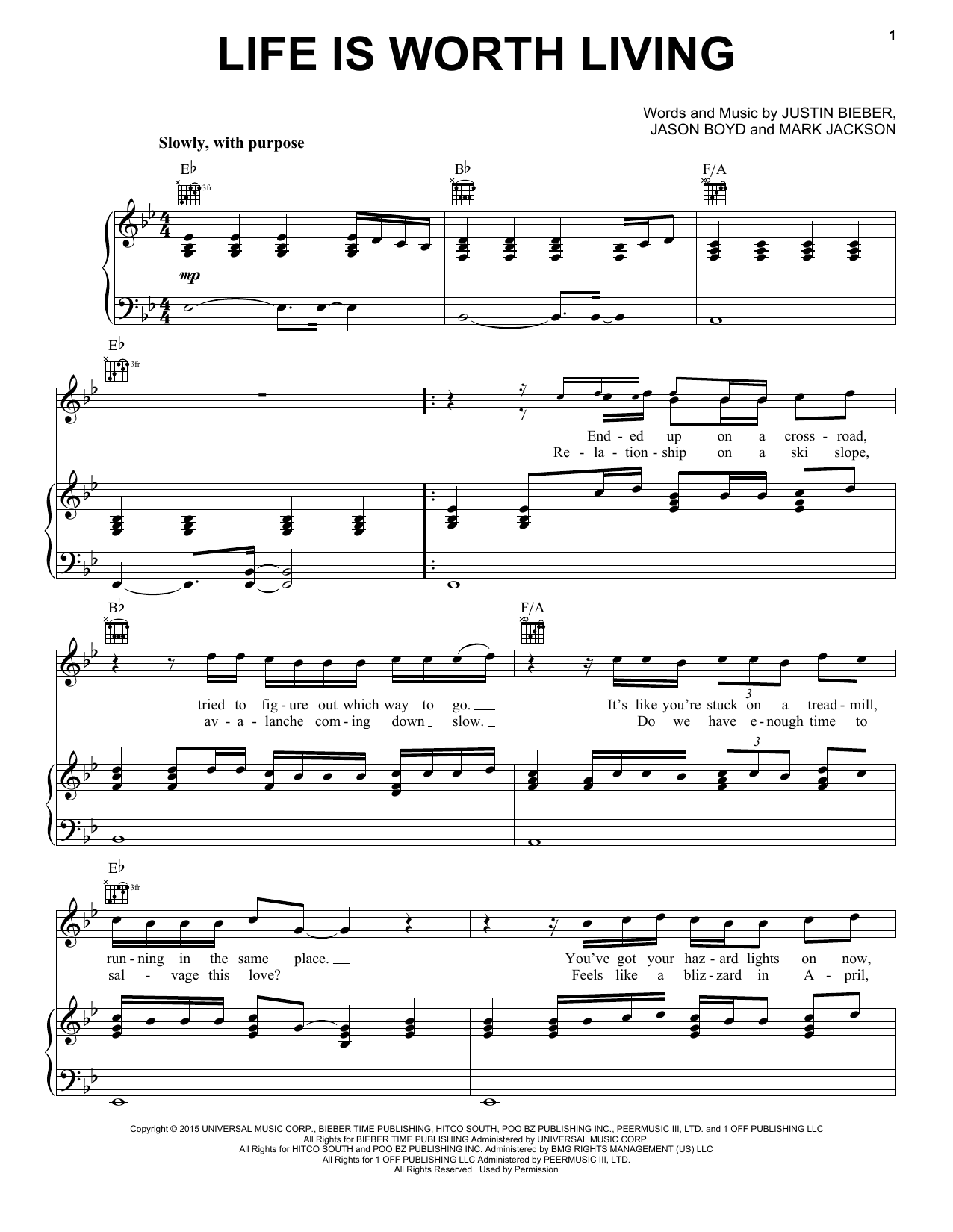Download Justin Bieber Life Is Worth Living Sheet Music and learn how to play Piano, Vocal & Guitar (Right-Hand Melody) PDF digital score in minutes