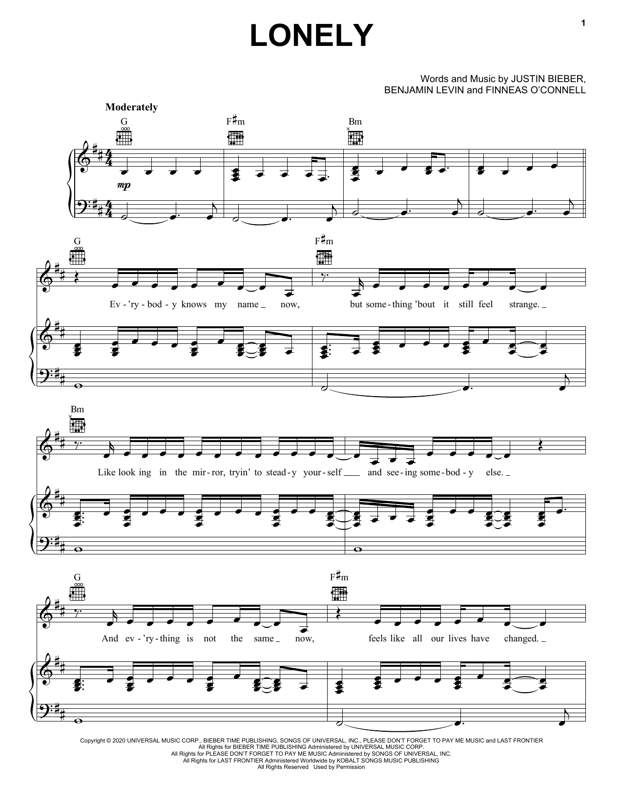 Download Justin Bieber Lonely (with benny blanco) Sheet Music and learn how to play Piano, Vocal & Guitar Chords (Right-Hand Melody) PDF digital score in minutes