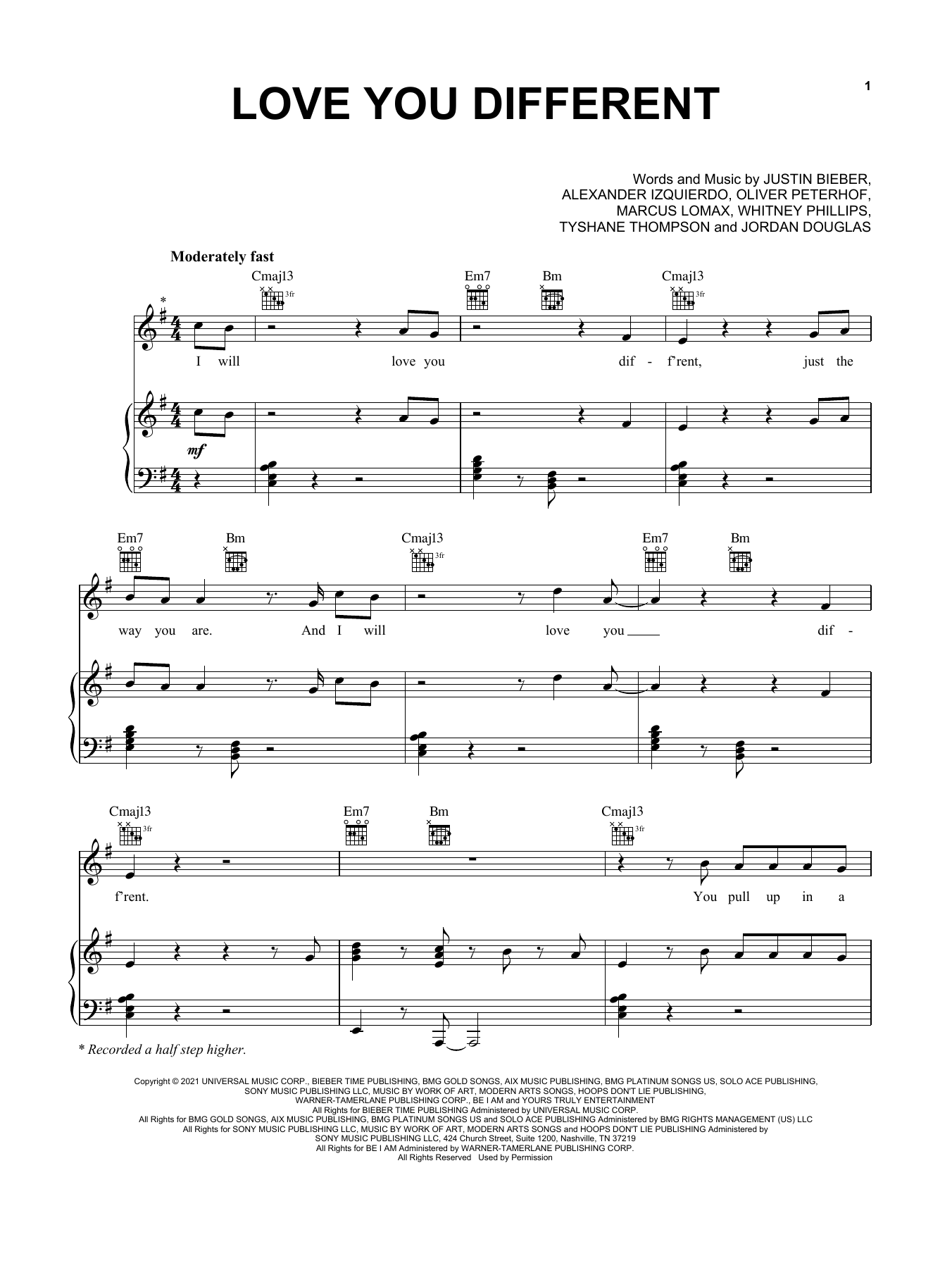 Download Justin Bieber Love You Different (feat. BEAM) Sheet Music and learn how to play Piano, Vocal & Guitar Chords (Right-Hand Melody) PDF digital score in minutes