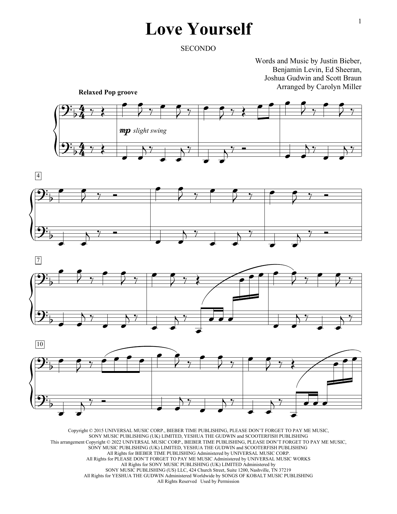 Download Justin Bieber Love Yourself (arr. Carolyn Miller) Sheet Music and learn how to play Piano Duet PDF digital score in minutes