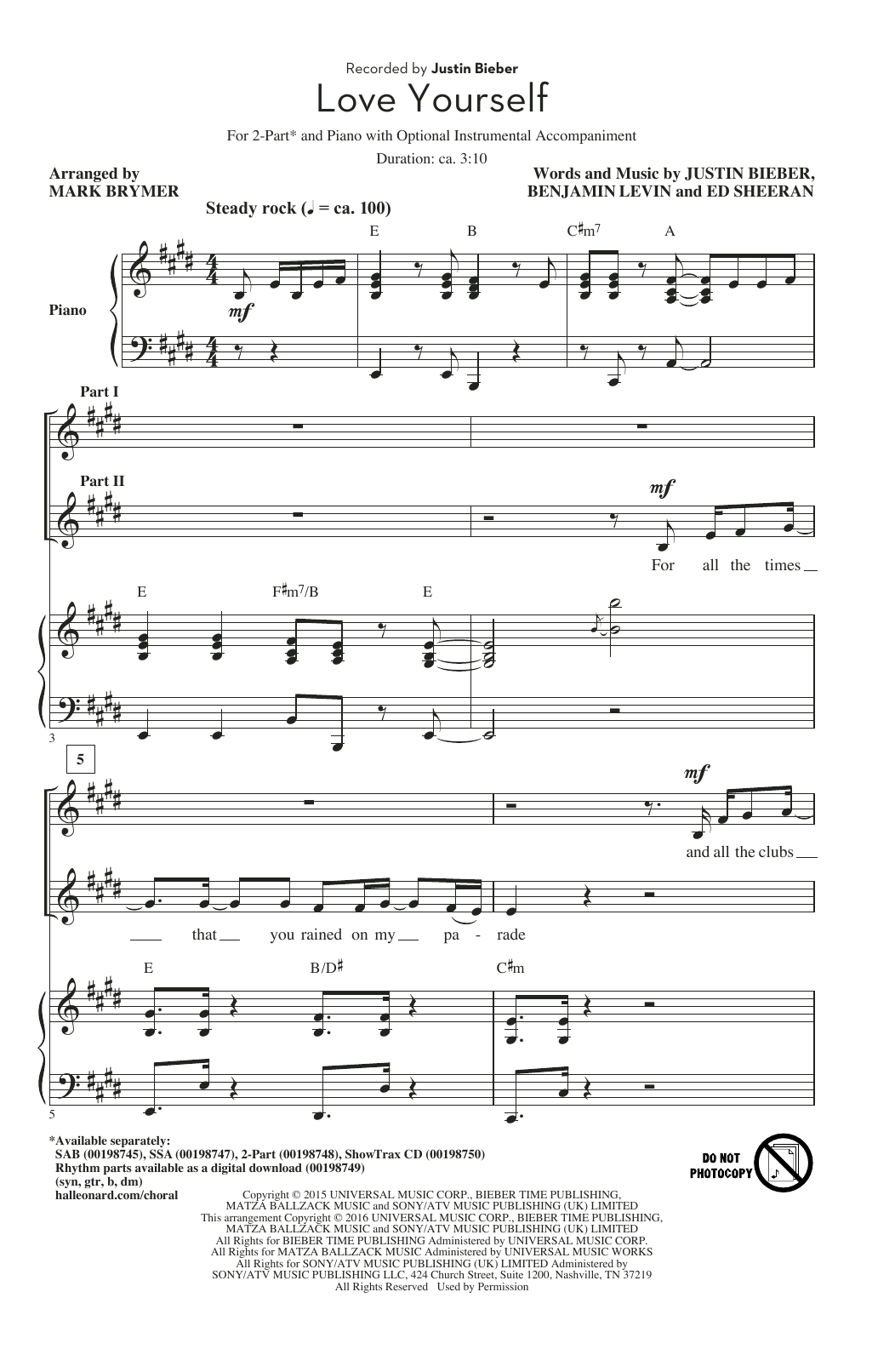 Download Mark Brymer Love Yourself Sheet Music and learn how to play SAB PDF digital score in minutes