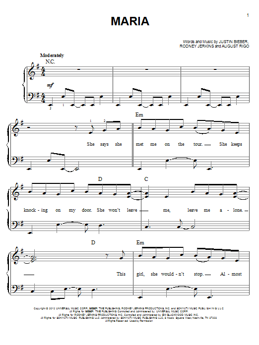 Download Justin Bieber Maria Sheet Music and learn how to play Piano, Vocal & Guitar (Right-Hand Melody) PDF digital score in minutes