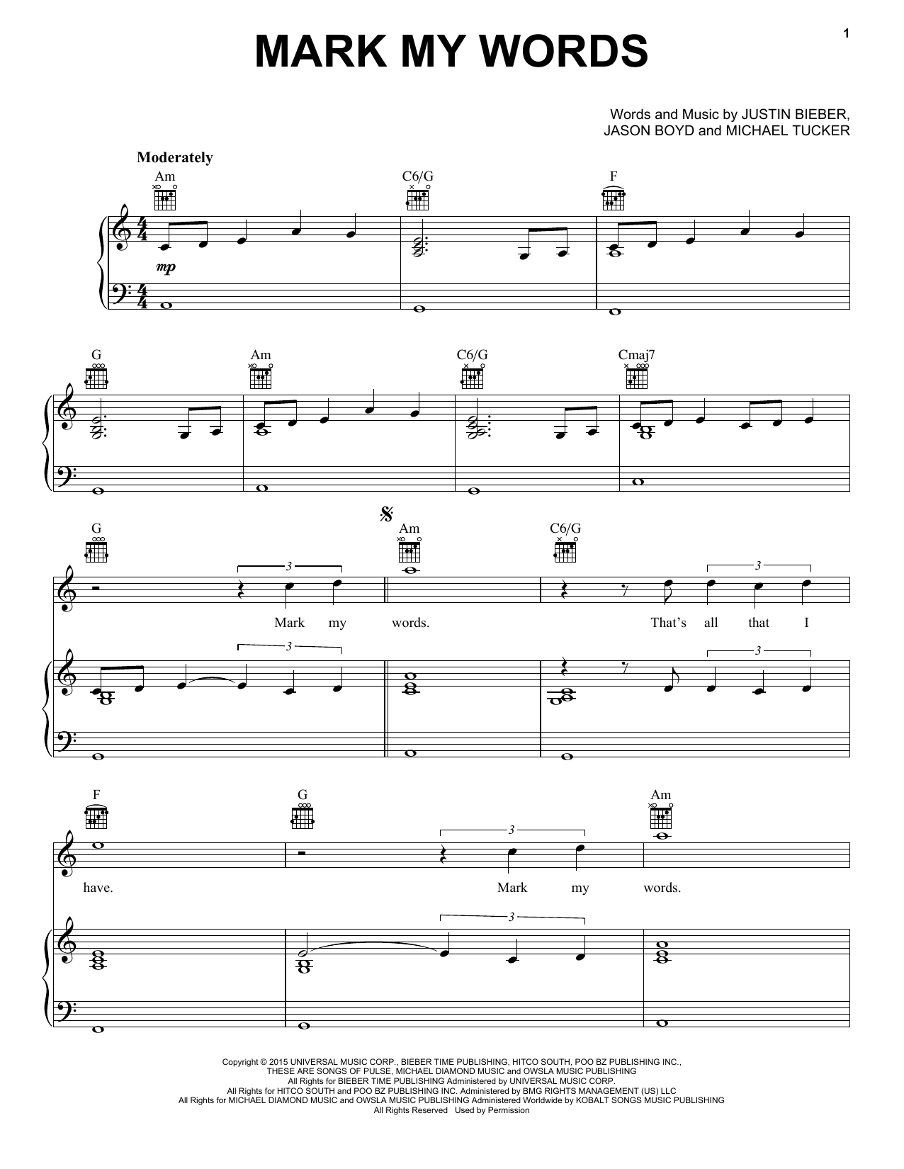 Download Justin Bieber Mark My Words Sheet Music and learn how to play Piano, Vocal & Guitar (Right-Hand Melody) PDF digital score in minutes