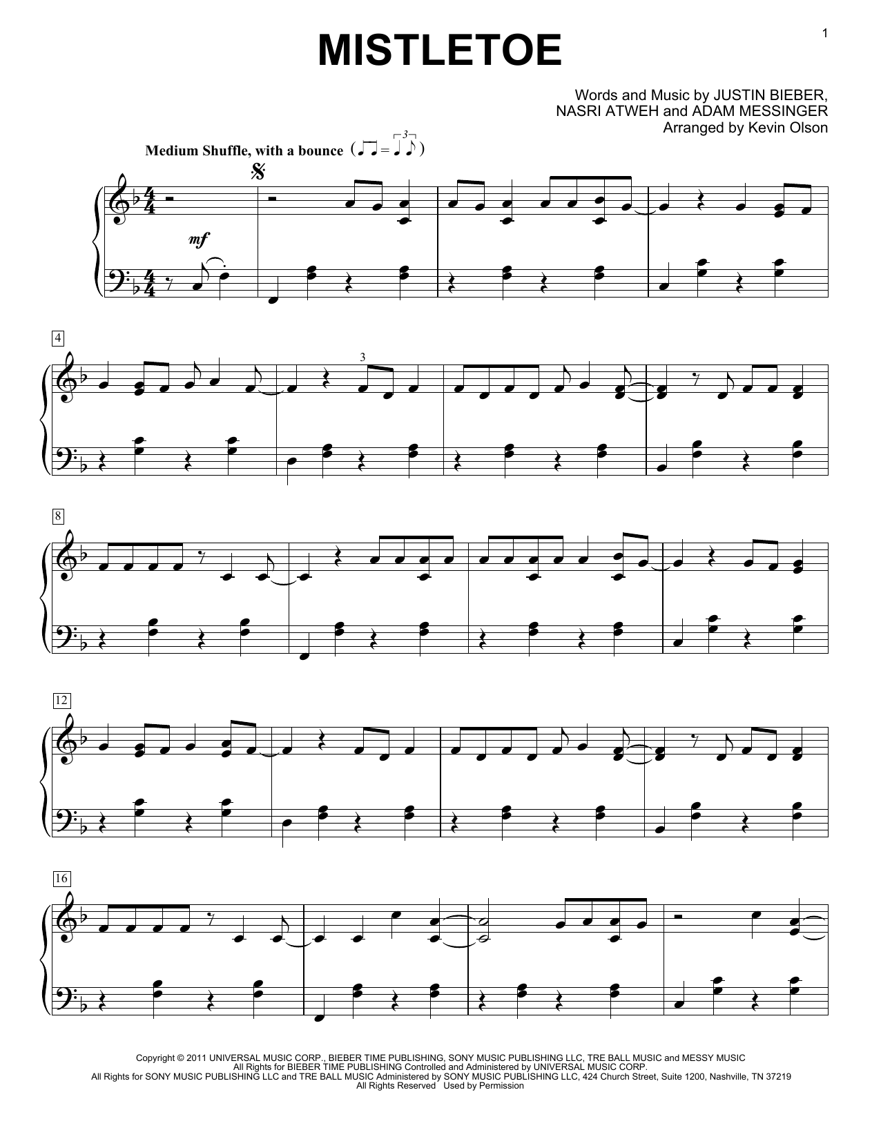 Download Justin Bieber Mistletoe (arr. Kevin Olson) Sheet Music and learn how to play Easy Piano Solo PDF digital score in minutes