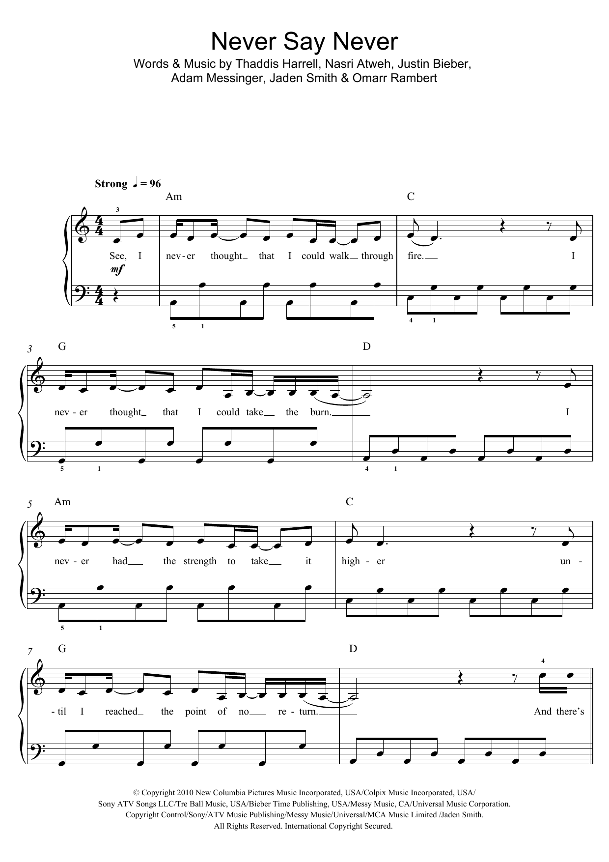 Download Justin Bieber Never Say Never (feat. Jaden Smith) Sheet Music and learn how to play Beginner Piano PDF digital score in minutes