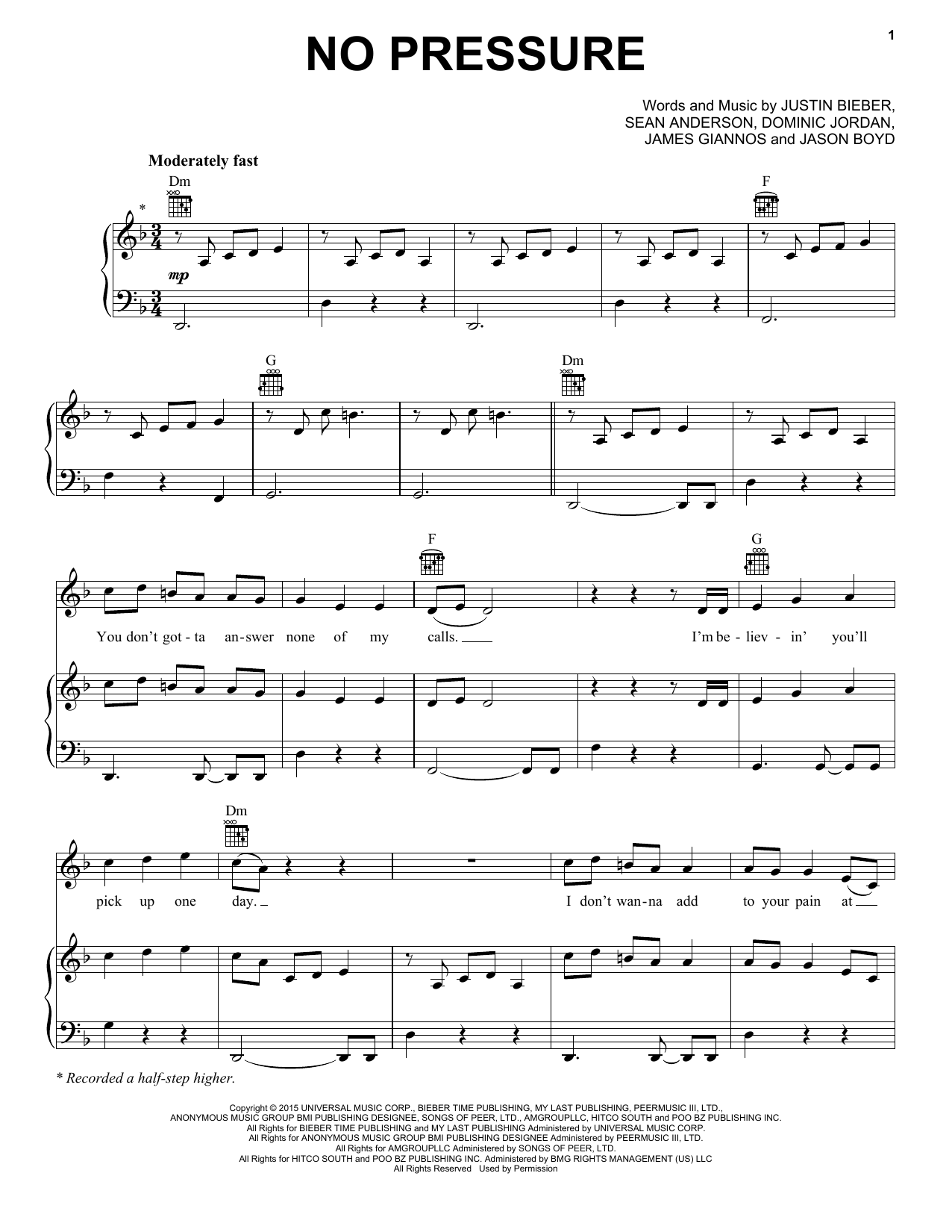 Download Justin Bieber No Pressure Sheet Music and learn how to play Piano, Vocal & Guitar (Right-Hand Melody) PDF digital score in minutes