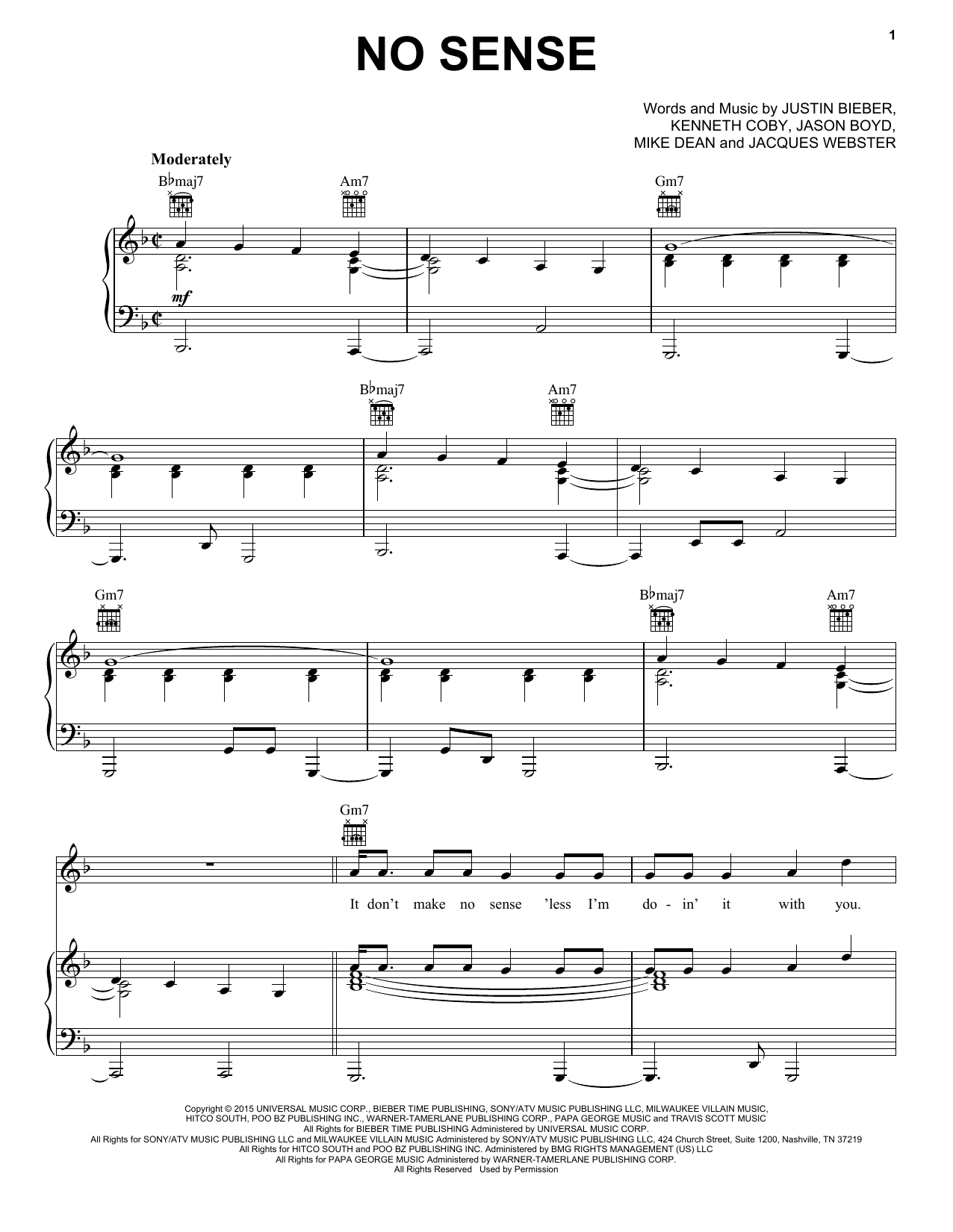 Download Justin Bieber No Sense Sheet Music and learn how to play Piano, Vocal & Guitar (Right-Hand Melody) PDF digital score in minutes