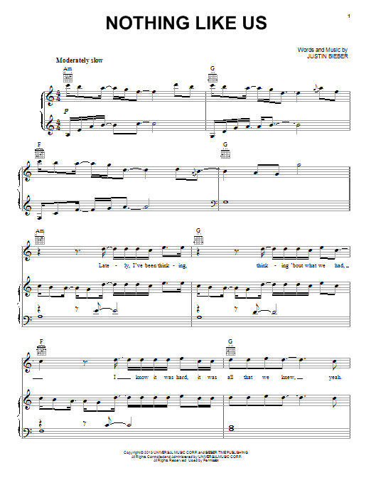 Download Justin Bieber Nothing Like Us Sheet Music and learn how to play Piano, Vocal & Guitar (Right-Hand Melody) PDF digital score in minutes