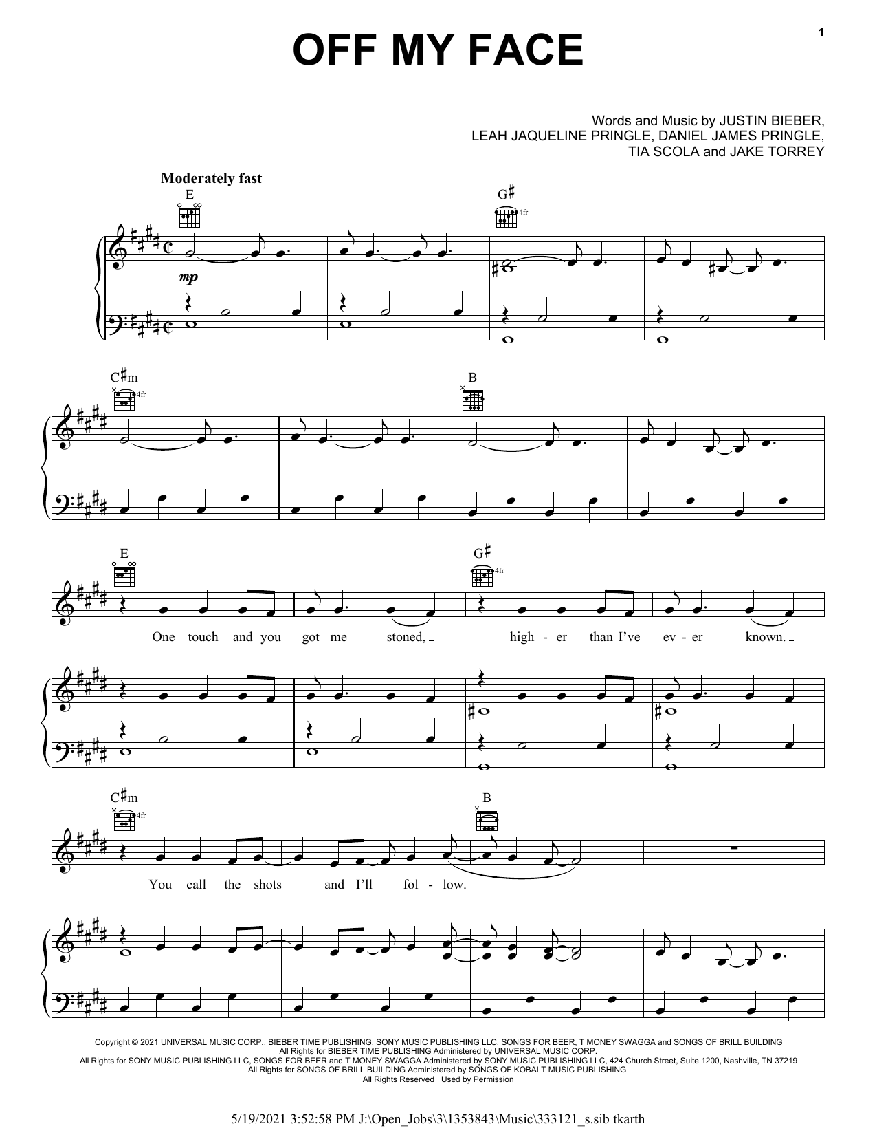 Download Justin Bieber Off My Face Sheet Music and learn how to play Piano, Vocal & Guitar Chords (Right-Hand Melody) PDF digital score in minutes