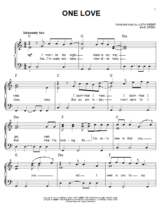 Download Justin Bieber One Love Sheet Music and learn how to play Piano, Vocal & Guitar (Right-Hand Melody) PDF digital score in minutes