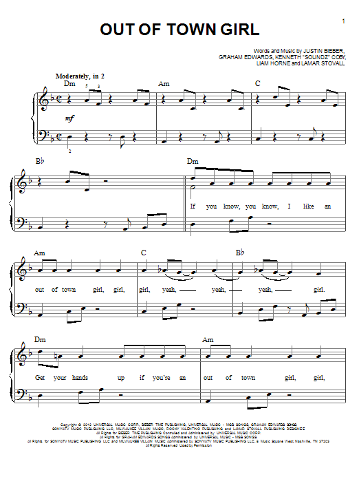 Download Justin Bieber Out Of Town Girl Sheet Music and learn how to play Piano, Vocal & Guitar (Right-Hand Melody) PDF digital score in minutes