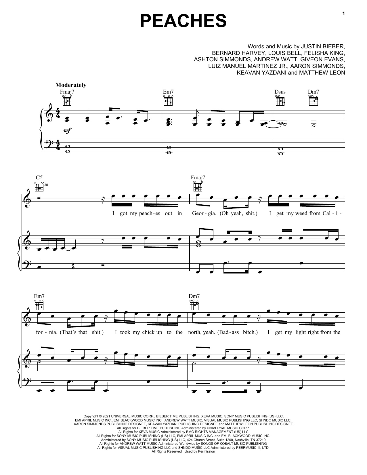 Download Justin Bieber Peaches (feat. Daniel Caesar & Giveon) Sheet Music and learn how to play Ukulele PDF digital score in minutes