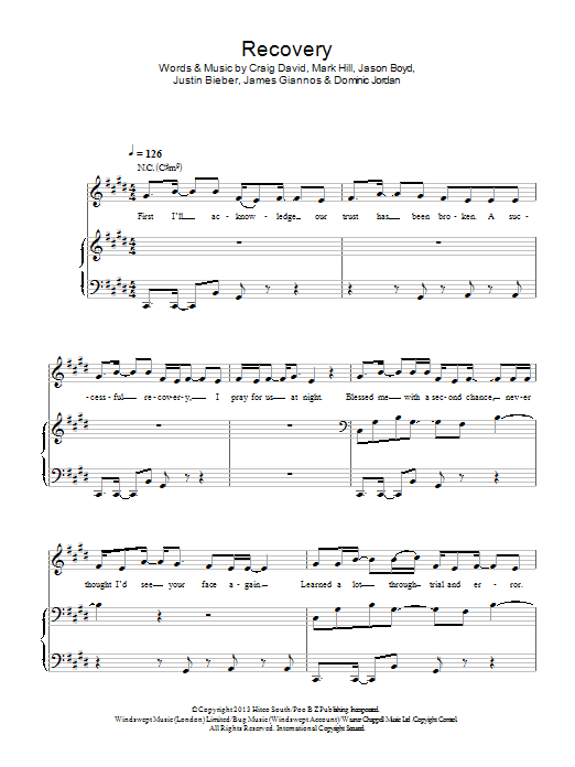 Download Justin Bieber Recovery Sheet Music and learn how to play Piano, Vocal & Guitar (Right-Hand Melody) PDF digital score in minutes