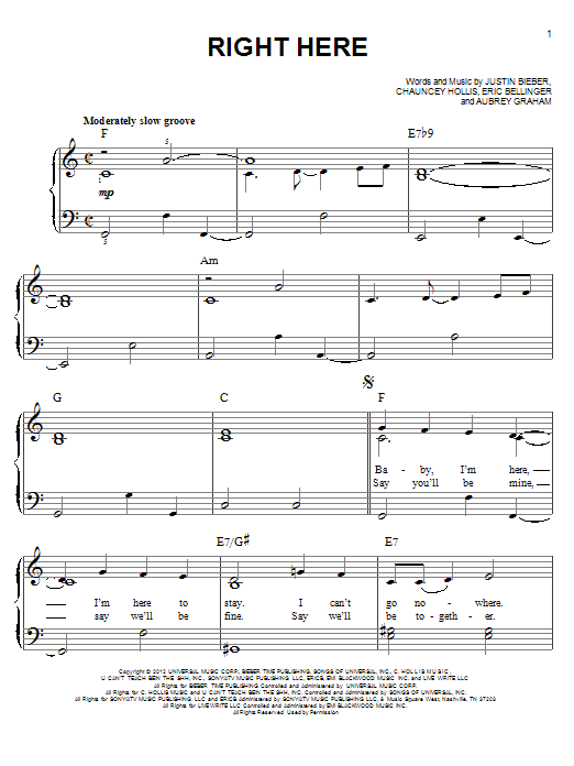 Download Justin Bieber Right Here Sheet Music and learn how to play Piano, Vocal & Guitar (Right-Hand Melody) PDF digital score in minutes