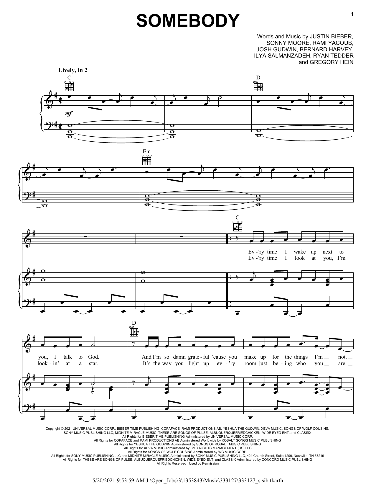 Download Justin Bieber Somebody Sheet Music and learn how to play Piano, Vocal & Guitar Chords (Right-Hand Melody) PDF digital score in minutes