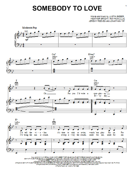 Download Justin Bieber Somebody To Love Sheet Music and learn how to play Piano, Vocal & Guitar (Right-Hand Melody) PDF digital score in minutes