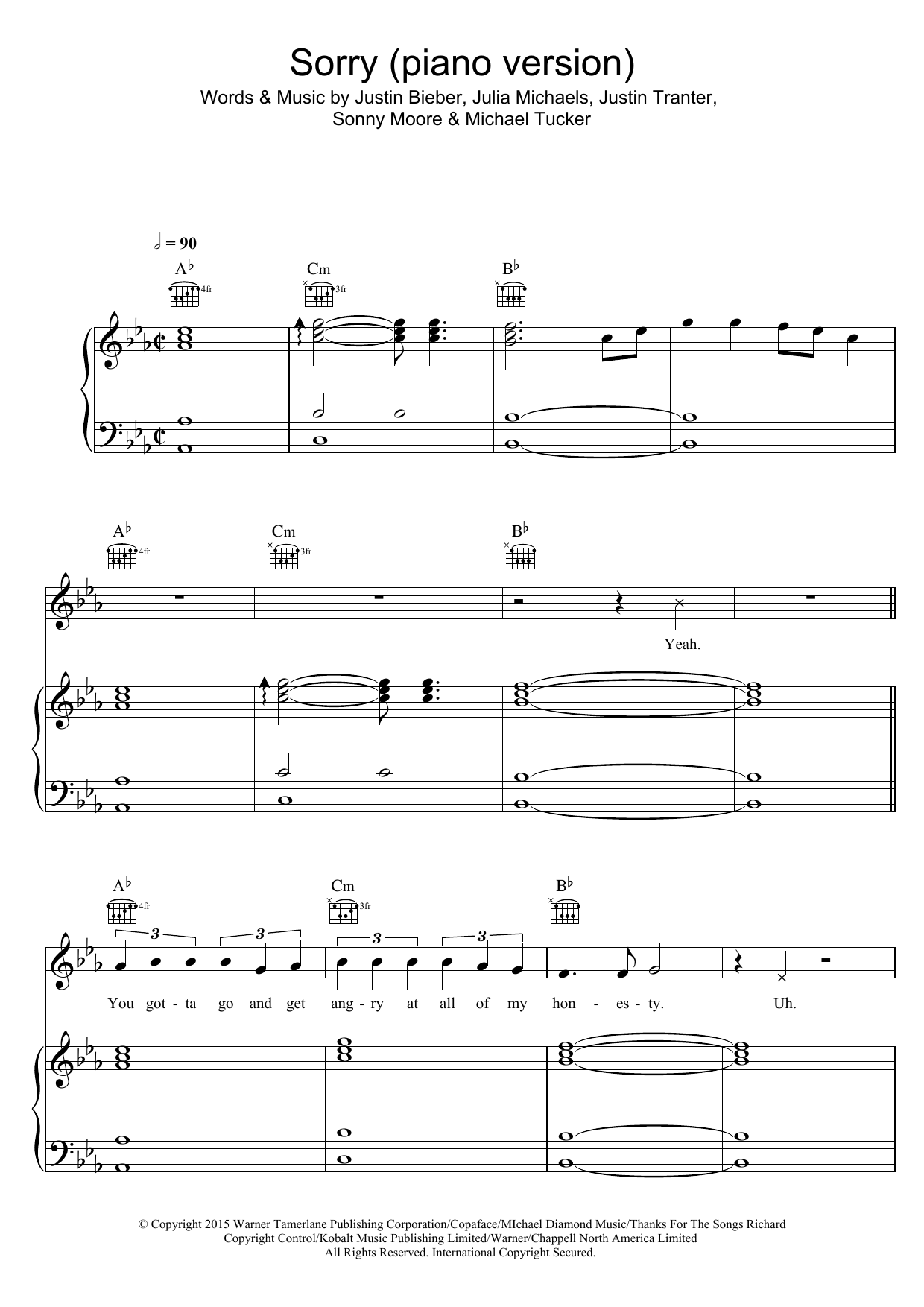 Download Justin Bieber Sorry (piano version) Sheet Music and learn how to play Piano, Vocal & Guitar PDF digital score in minutes