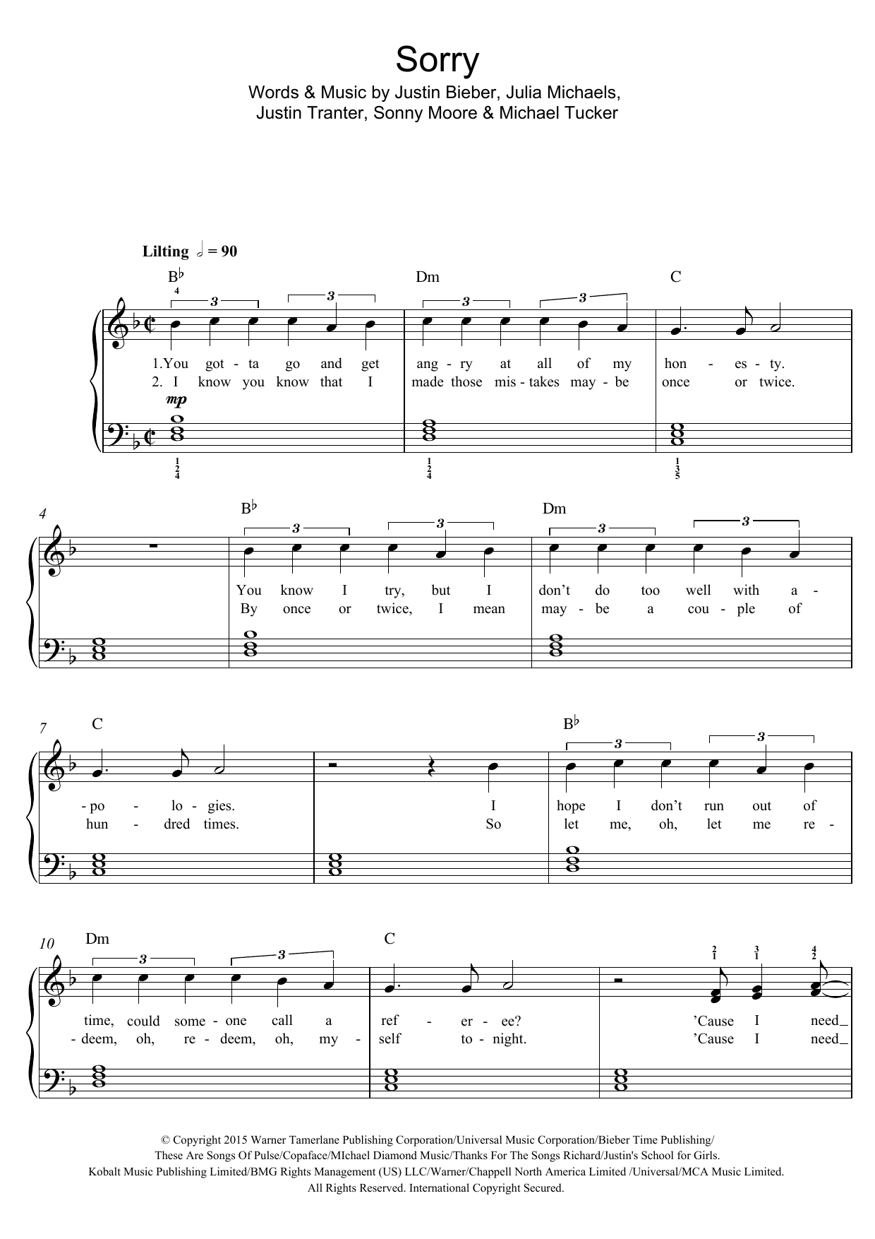 Download Justin Bieber Sorry Sheet Music and learn how to play Piano, Vocal & Guitar (Right-Hand Melody) PDF digital score in minutes