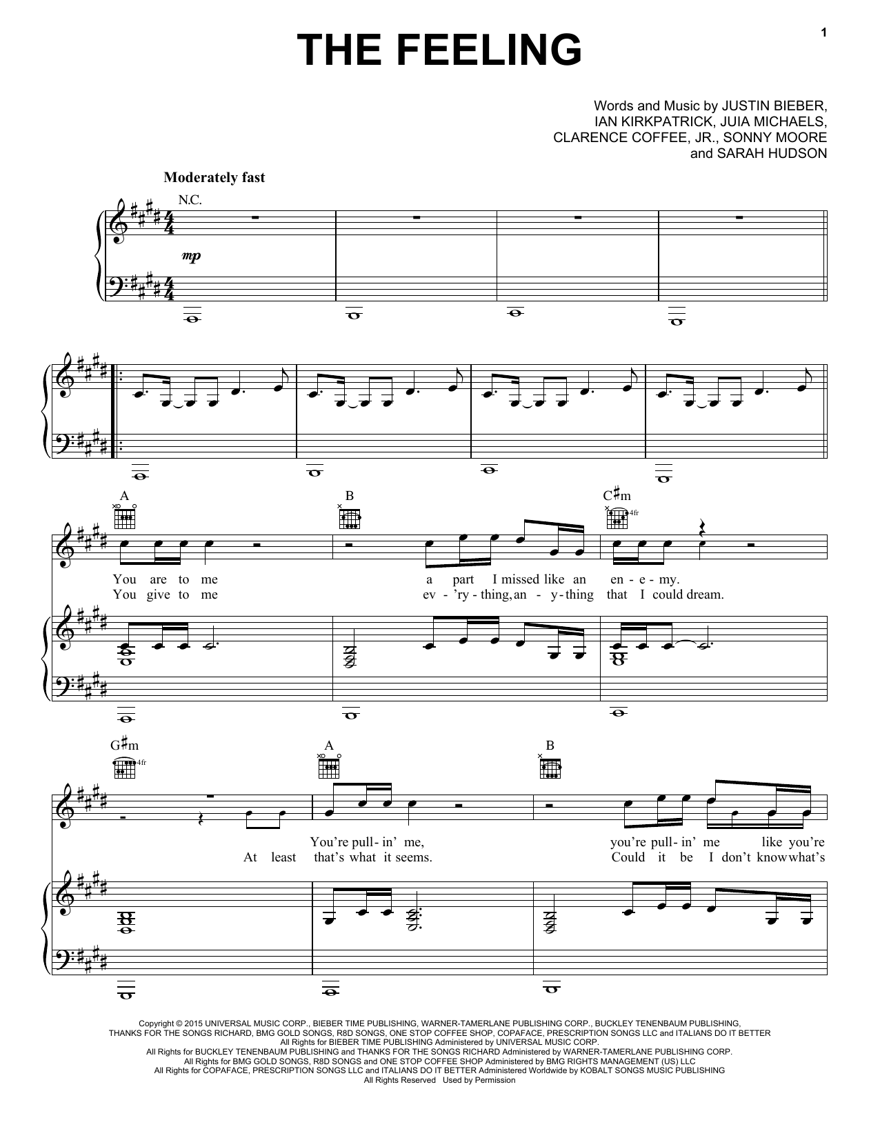 Download Justin Bieber The Feeling Sheet Music and learn how to play Piano, Vocal & Guitar (Right-Hand Melody) PDF digital score in minutes