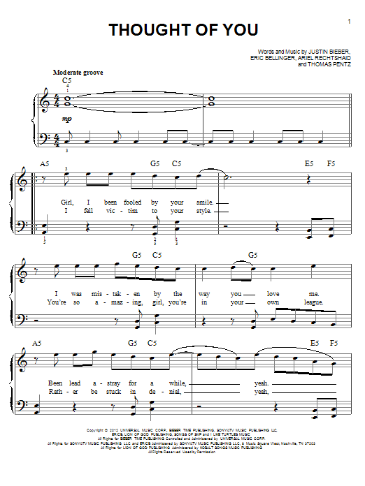 Download Justin Bieber Thought Of You Sheet Music and learn how to play Piano, Vocal & Guitar (Right-Hand Melody) PDF digital score in minutes