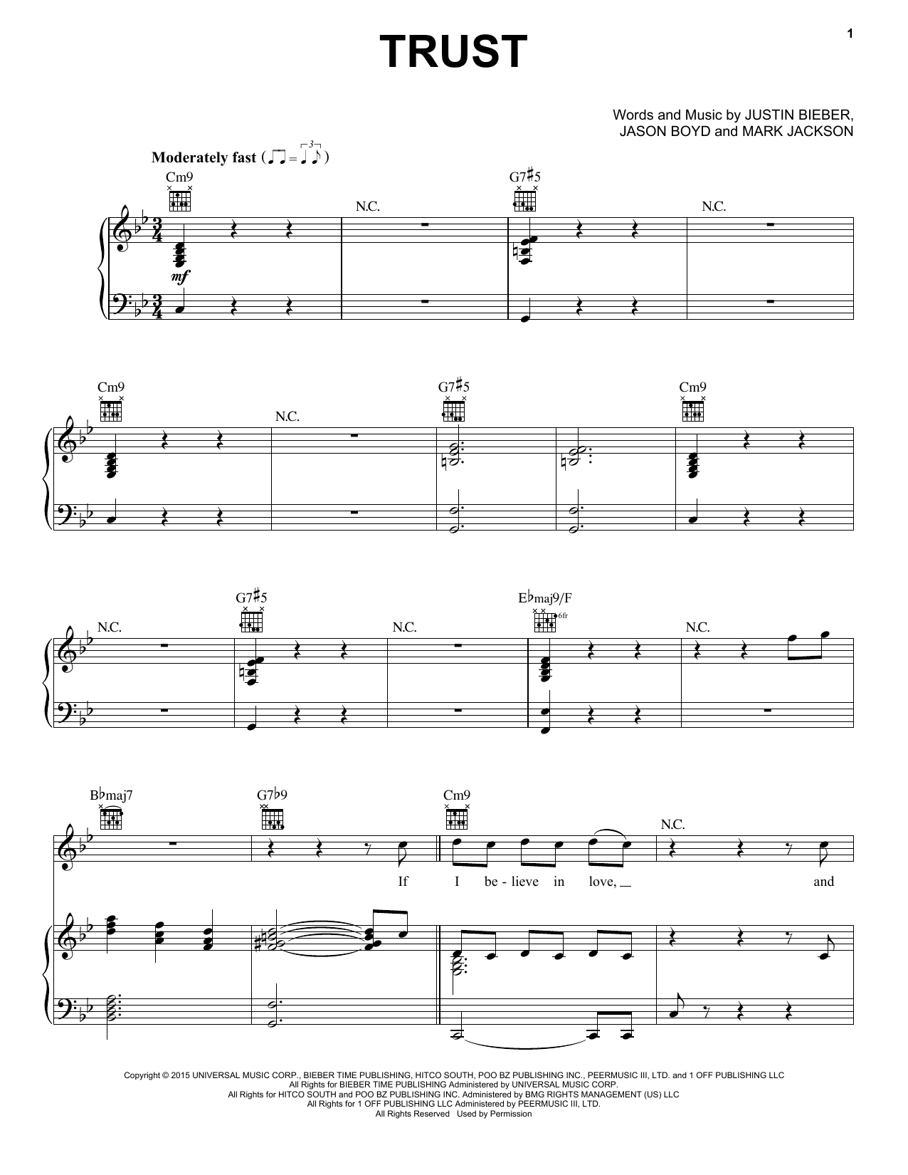 Download Justin Bieber Trust Sheet Music and learn how to play Piano, Vocal & Guitar (Right-Hand Melody) PDF digital score in minutes