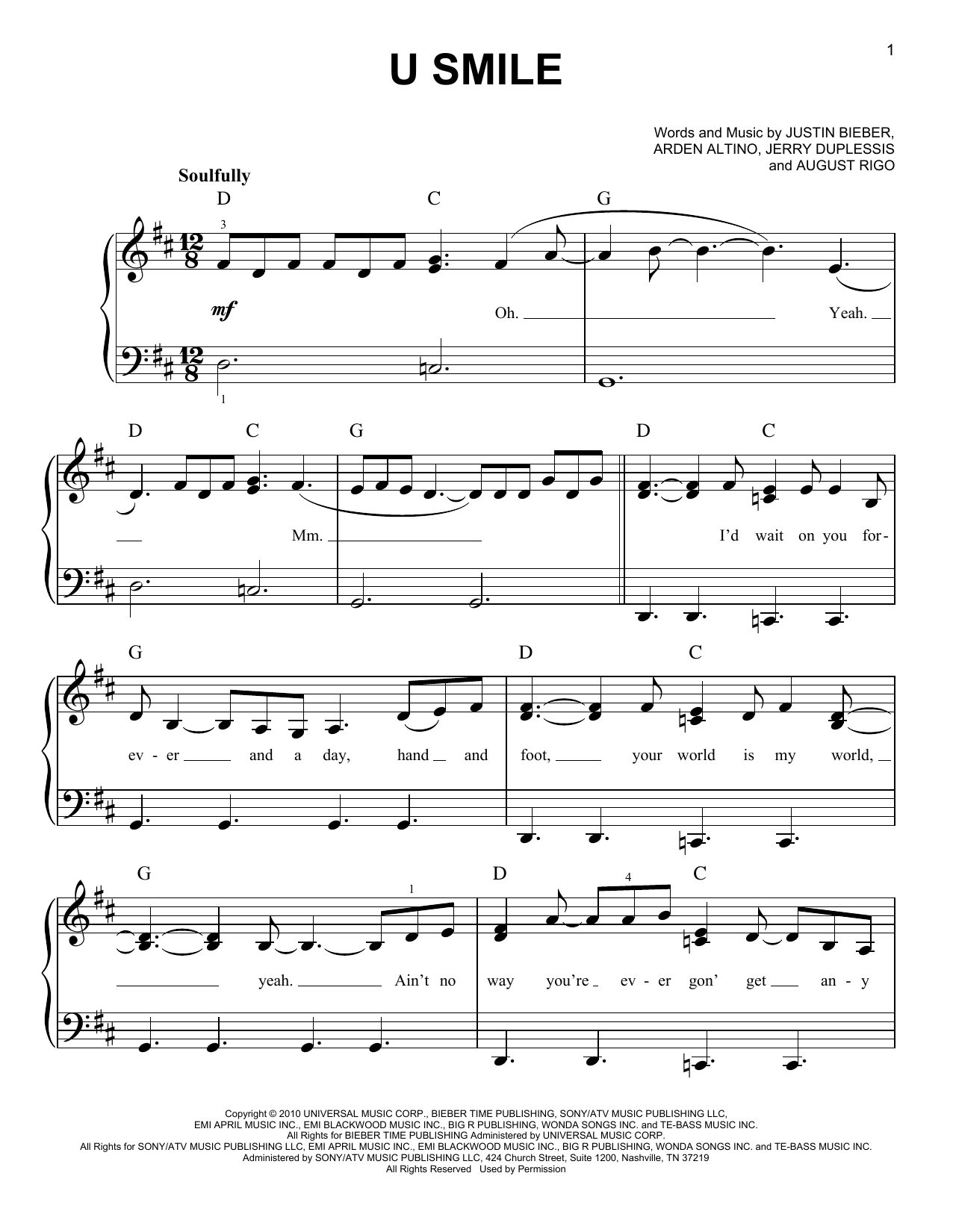 Download Justin Bieber U Smile Sheet Music and learn how to play Piano (Big Notes) PDF digital score in minutes