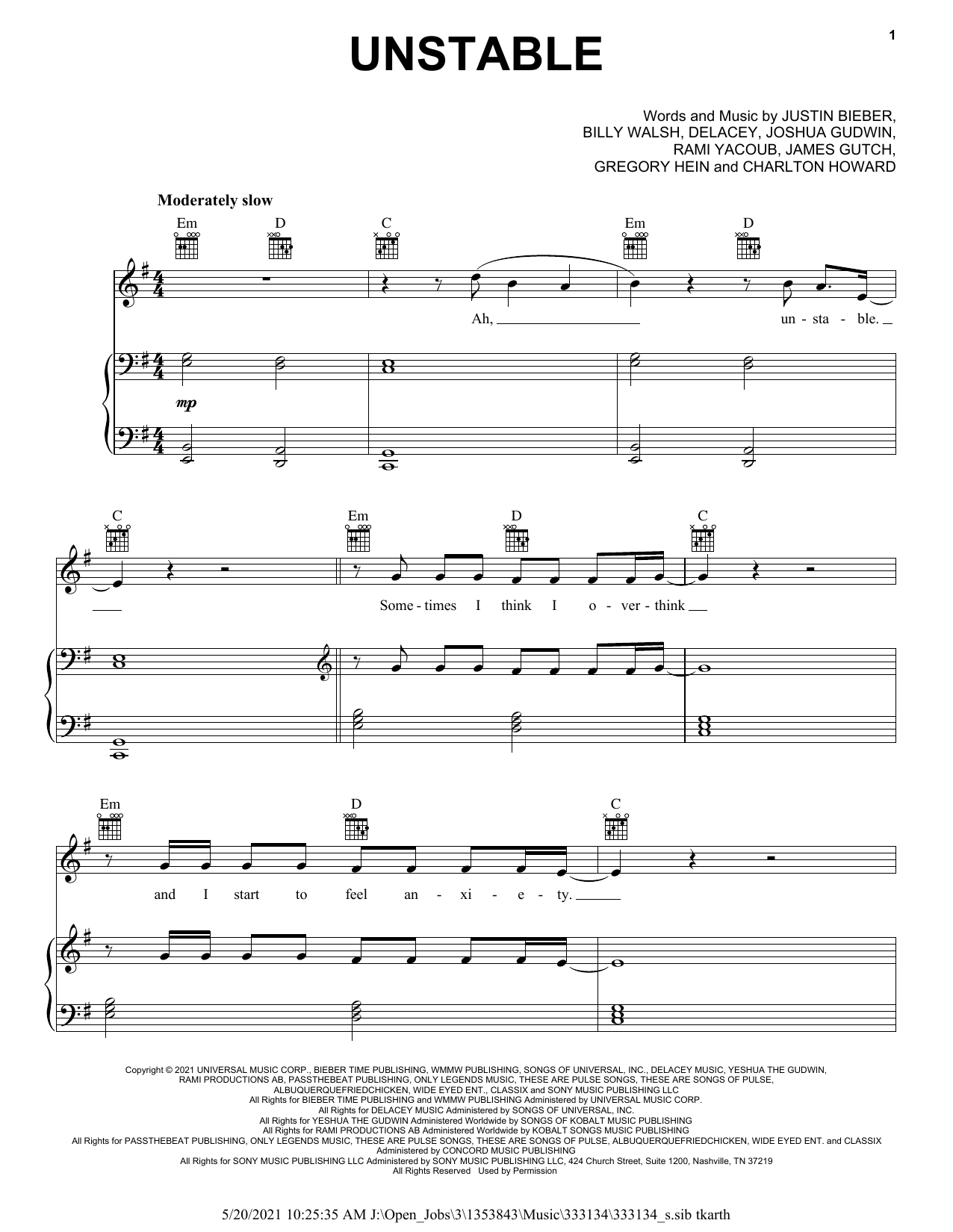 Download Justin Bieber Unstable (feat. The Kid LAROI) Sheet Music and learn how to play Piano, Vocal & Guitar Chords (Right-Hand Melody) PDF digital score in minutes