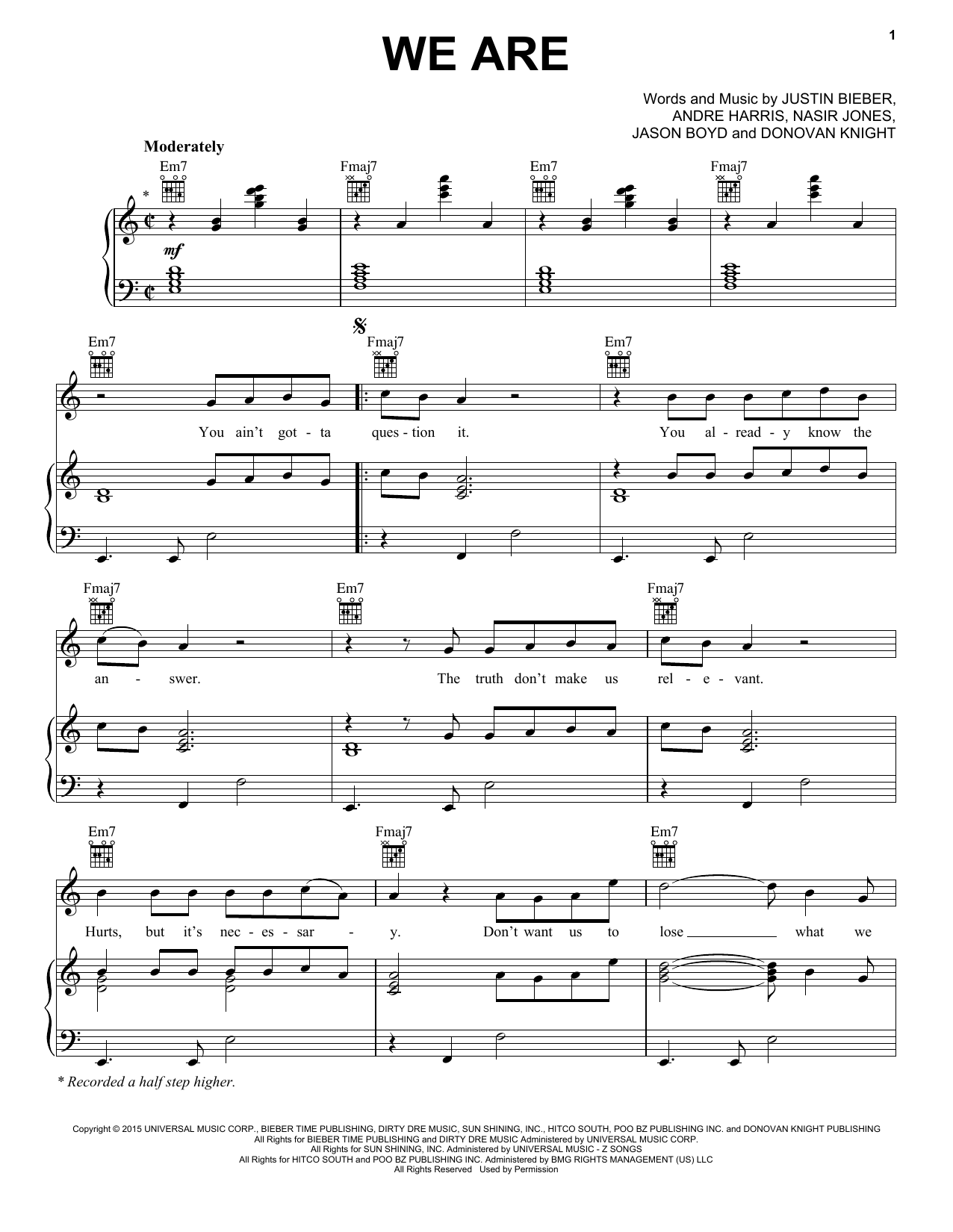 Download Justin Bieber We Are Sheet Music and learn how to play Piano, Vocal & Guitar (Right-Hand Melody) PDF digital score in minutes