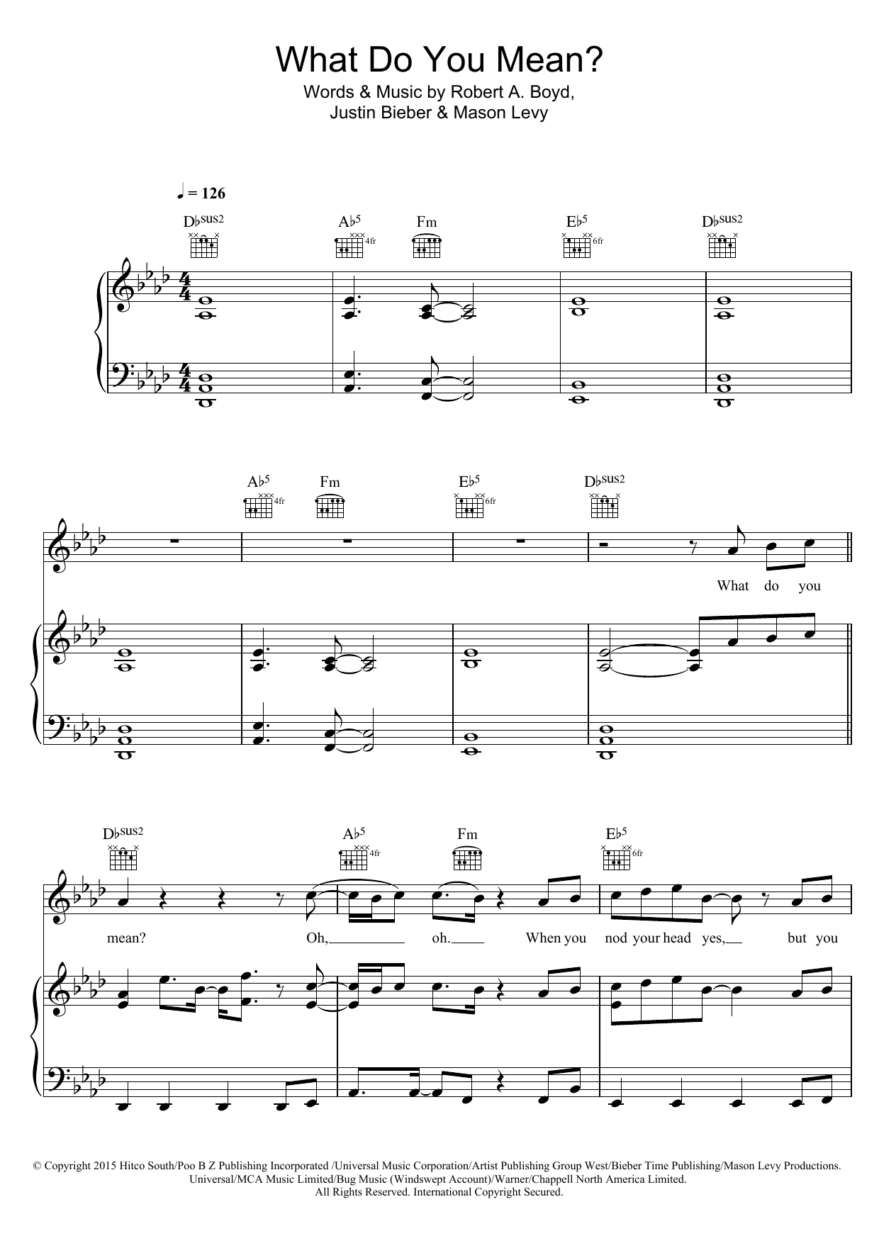 Download Justin Bieber What Do You Mean? Sheet Music and learn how to play Beginner Piano PDF digital score in minutes