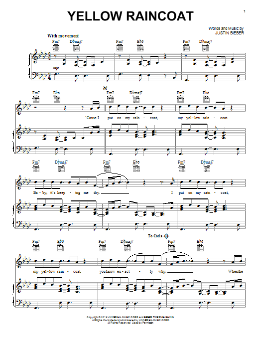 Download Justin Bieber Yellow Raincoat Sheet Music and learn how to play Piano, Vocal & Guitar (Right-Hand Melody) PDF digital score in minutes
