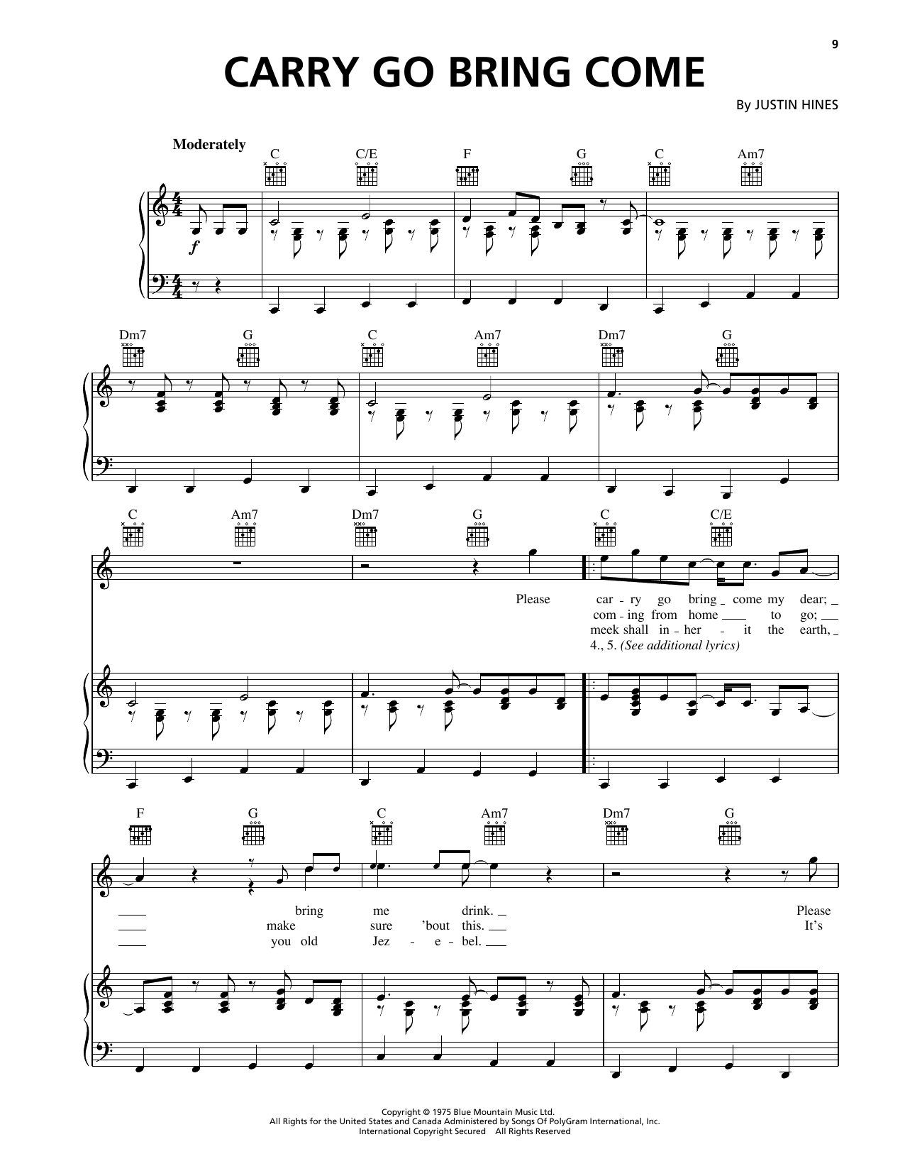 Download Justin Hinds Carry Go Bring Come Sheet Music and learn how to play Piano, Vocal & Guitar Chords (Right-Hand Melody) PDF digital score in minutes
