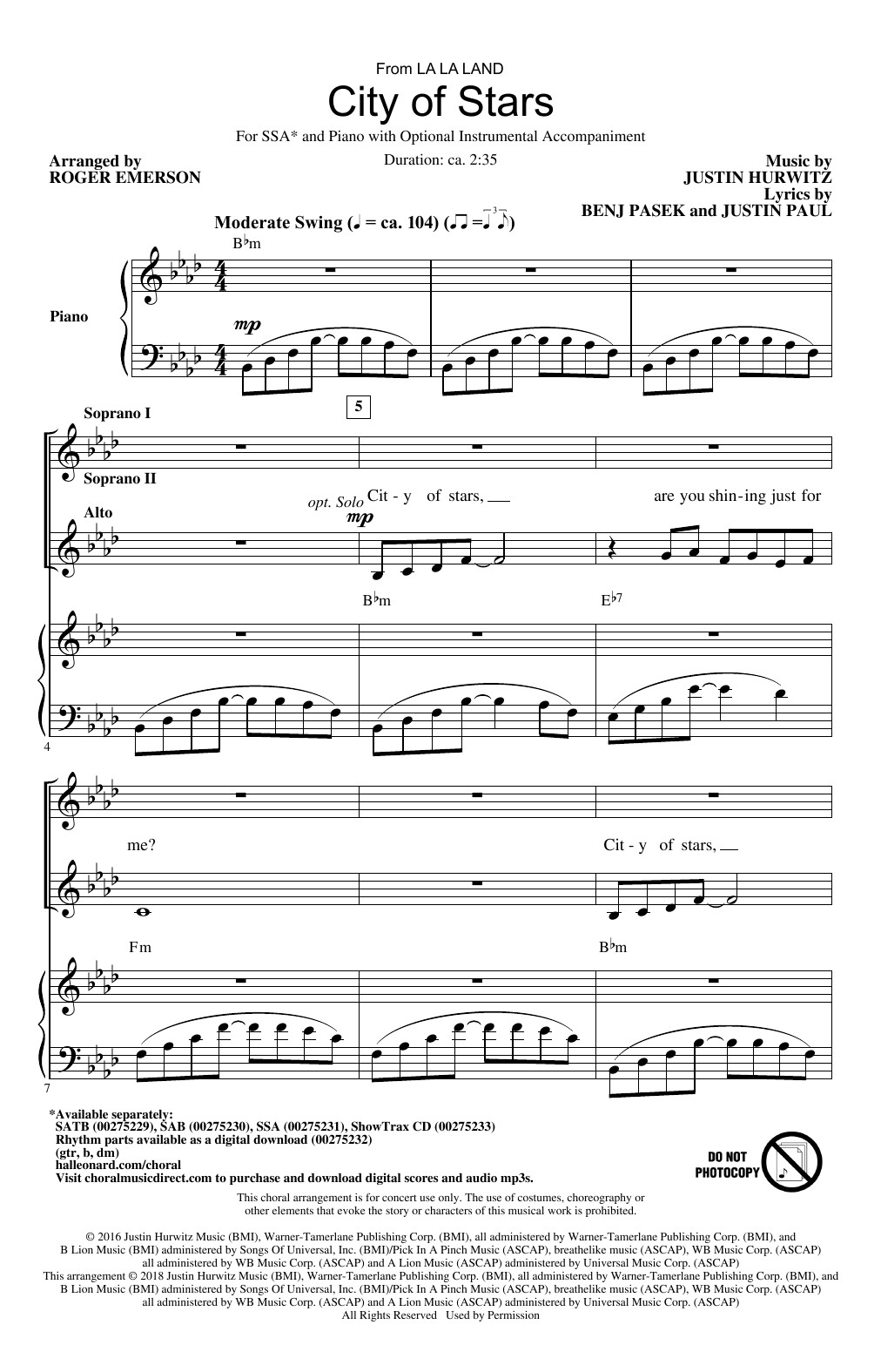 Download Justin Hurwitz City Of Stars (arr. Roger Emerson) Sheet Music and learn how to play SSA Choir PDF digital score in minutes