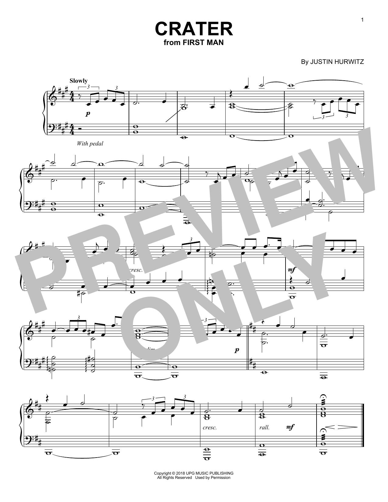 Download Justin Hurwitz Crater (from First Man) Sheet Music and learn how to play Piano Solo PDF digital score in minutes