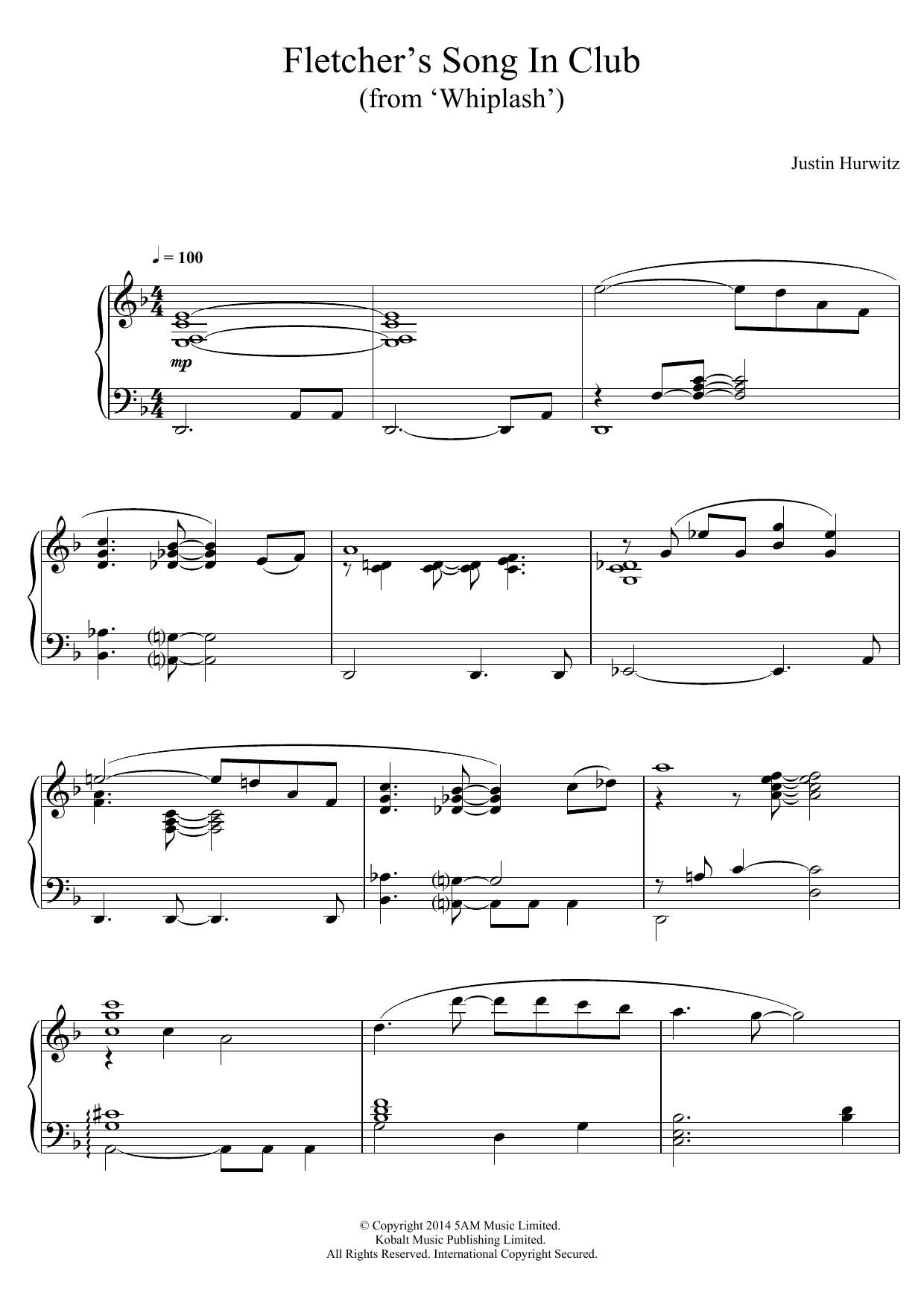 Download Justin Hurwitz Fletcher's Song In Club (from 'Whiplash') Sheet Music and learn how to play Piano PDF digital score in minutes