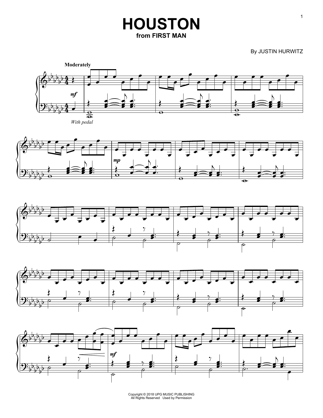 Download Justin Hurwitz Houston (from First Man) Sheet Music and learn how to play Piano Solo PDF digital score in minutes