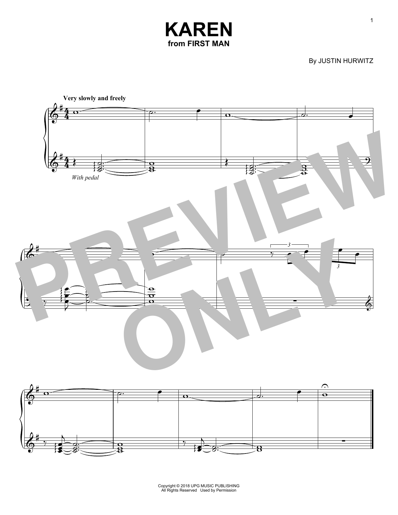 Download Justin Hurwitz Karen (from First Man) Sheet Music and learn how to play Piano Solo PDF digital score in minutes