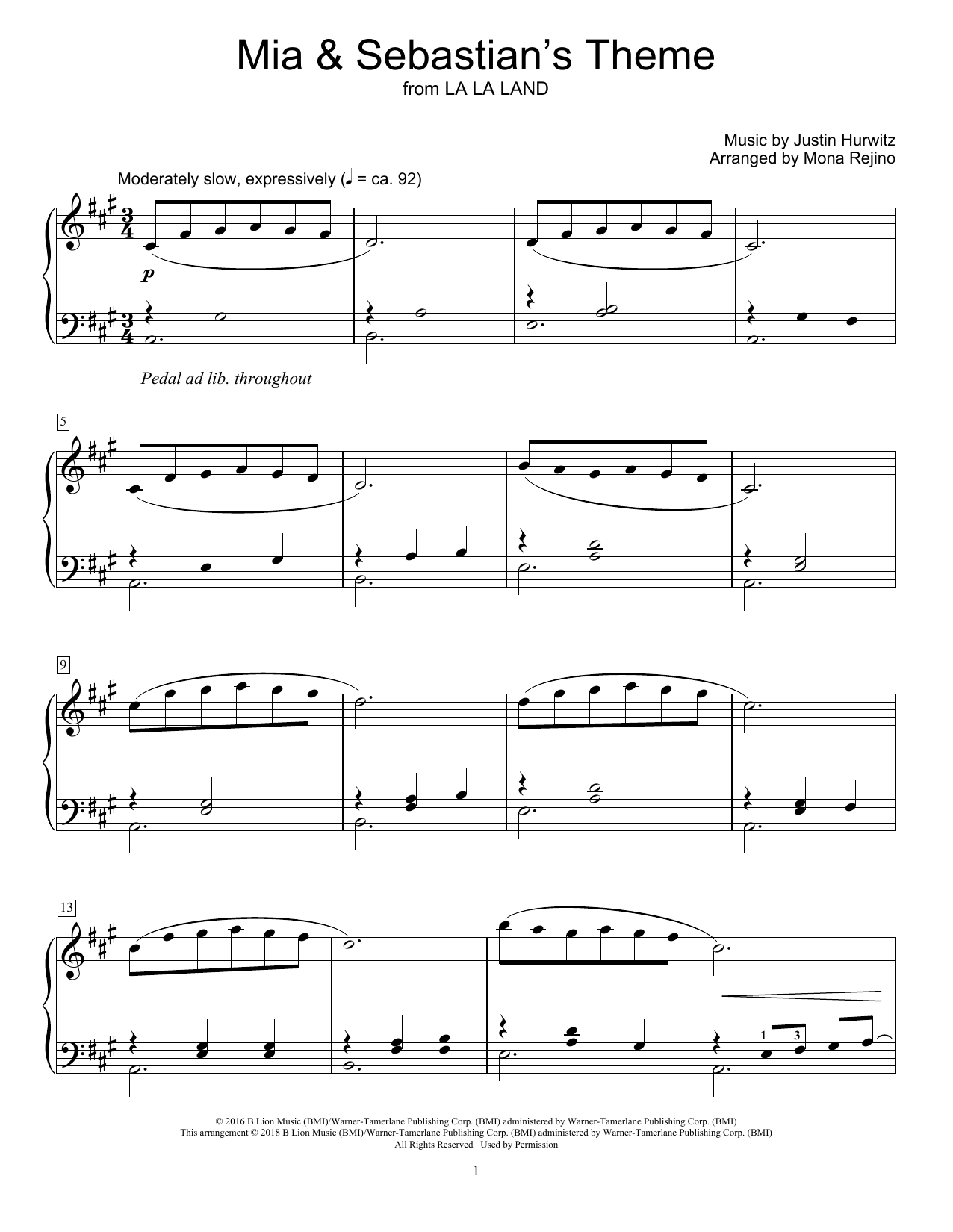 Download Mona Rejino Mia & Sebastian's Theme Sheet Music and learn how to play Educational Piano PDF digital score in minutes