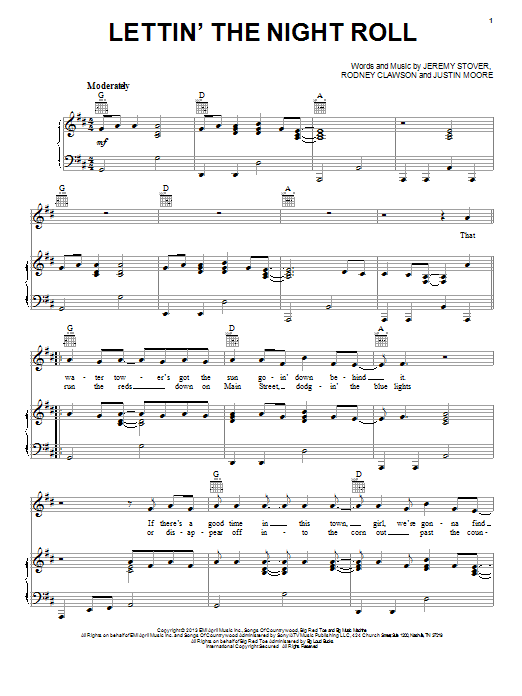 Download Justin Moore Lettin' The Night Roll Sheet Music and learn how to play Piano, Vocal & Guitar (Right-Hand Melody) PDF digital score in minutes