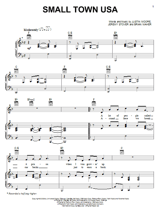 Download Justin Moore Small Town USA Sheet Music and learn how to play Piano, Vocal & Guitar (Right-Hand Melody) PDF digital score in minutes
