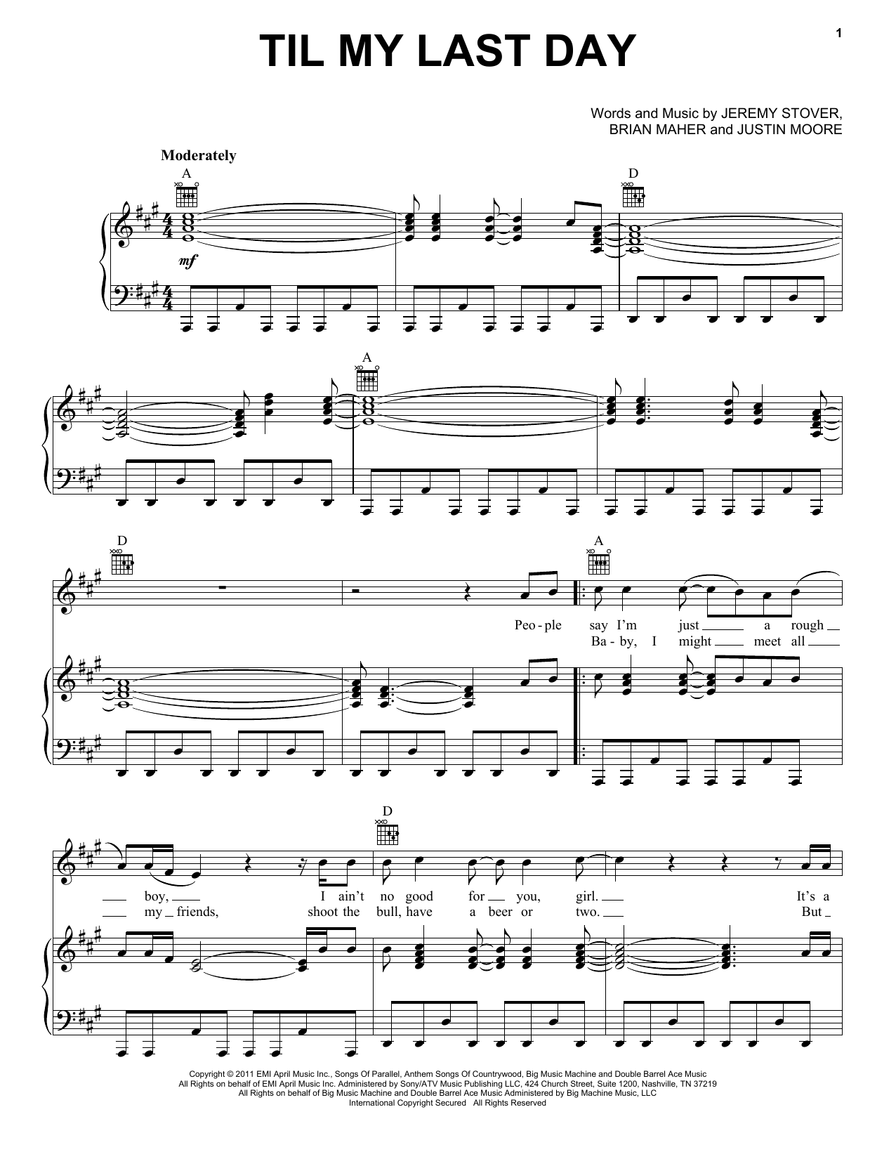 Download Justin Moore Til My Last Day Sheet Music and learn how to play Piano, Vocal & Guitar (Right-Hand Melody) PDF digital score in minutes